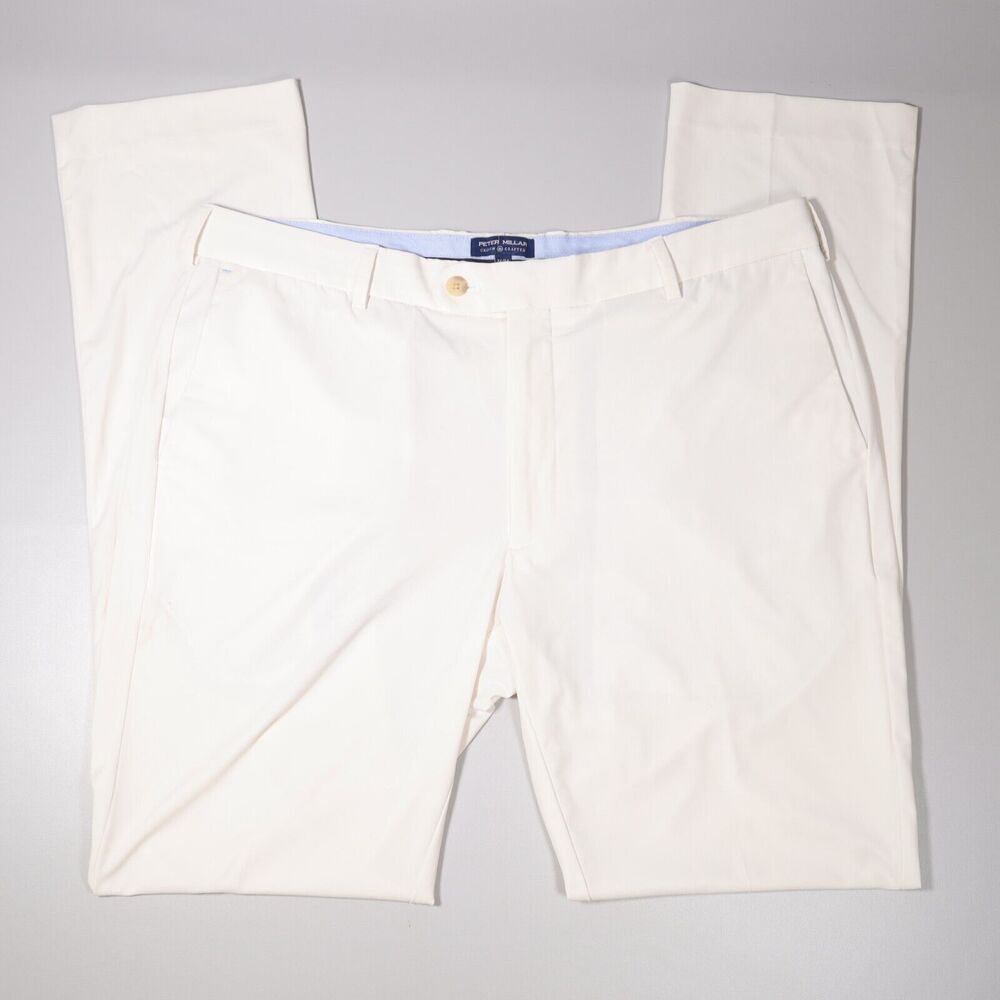 Peter Millar Mens 36 Crown Crafted Stretch Flat Front Pant White Golf 34" Inseam
